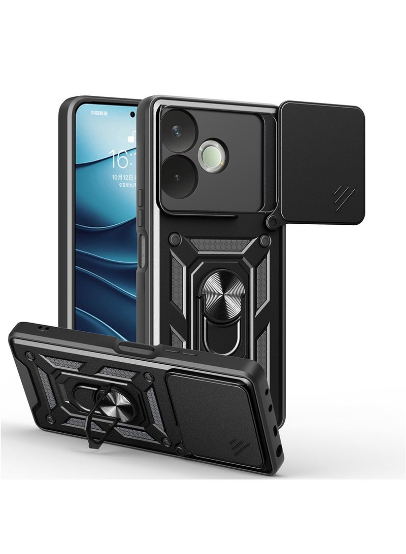 حافظة ل OPPO A5 Pro مع غطاء كاميرا منزلق، مسند، PC+TPU ثنائي الطبقةBlack - Image 1