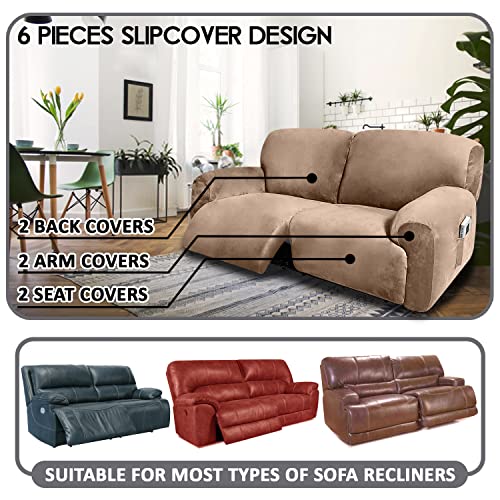 ULTICOR Extra Wide 75" - 100", Reclining 2 Seater Sofa, Extra Wide Reclining Love Seat Slipcover, 6-Piece Velvet Stretch, Reclining Sofa Covers, Thick, Soft, Washable (Sand) - Image 2