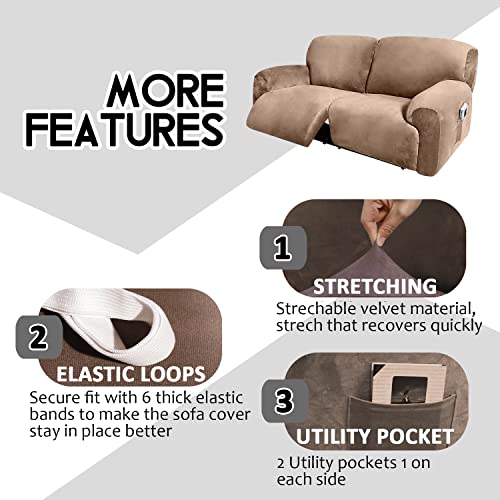 ULTICOR Extra Wide 75" - 100", Reclining 2 Seater Sofa, Extra Wide Reclining Love Seat Slipcover, 6-Piece Velvet Stretch, Reclining Sofa Covers, Thick, Soft, Washable (Sand) - Image 3