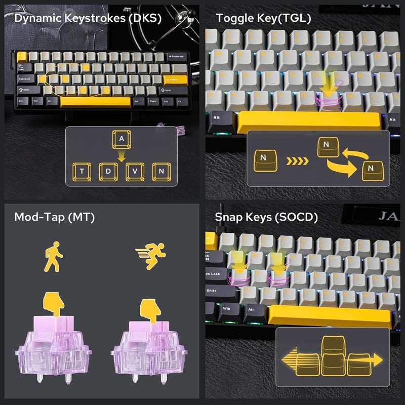 EPOMAKER AULA WIN60 HE 60% Wired Magnetic Keyboard with Adjustable Actuation, 8000 Hz Polling Rate, Hall Effect Switches, Hot-Swap, For FPS Games (Grey&Yellow) - Image 3