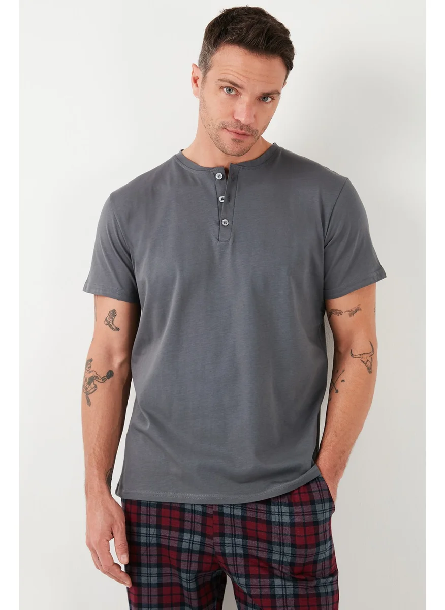Buratti Plaid Cotton Elastic Waist Regular Fit Short Sleeve Men's Pajama Set 6572004