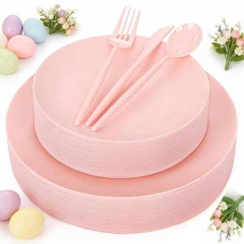 ejonirinjonir EI 150pcs Pink Plastic Plates Pink Disposable Heavy Duty Plastic Plates for Party Dinnerware Set Pink Plastic Silverware for Party Wedding Afternoon Tea,Spring,Mother's Day,Valentine's Day,Easter - Image 1