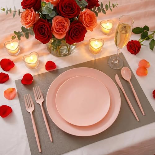 ejonirinjonir EI 150pcs Pink Plastic Plates Pink Disposable Heavy Duty Plastic Plates for Party Dinnerware Set Pink Plastic Silverware for Party Wedding Afternoon Tea,Spring,Mother's Day,Valentine's Day,Easter - Image 2