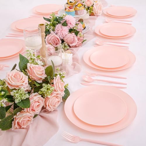 ejonirinjonir EI 150pcs Pink Plastic Plates Pink Disposable Heavy Duty Plastic Plates for Party Dinnerware Set Pink Plastic Silverware for Party Wedding Afternoon Tea,Spring,Mother's Day,Valentine's Day,Easter - Image 3