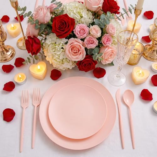 ejonirinjonir EI 150pcs Pink Plastic Plates Pink Disposable Heavy Duty Plastic Plates for Party Dinnerware Set Pink Plastic Silverware for Party Wedding Afternoon Tea,Spring,Mother's Day,Valentine's Day,Easter - Image 4