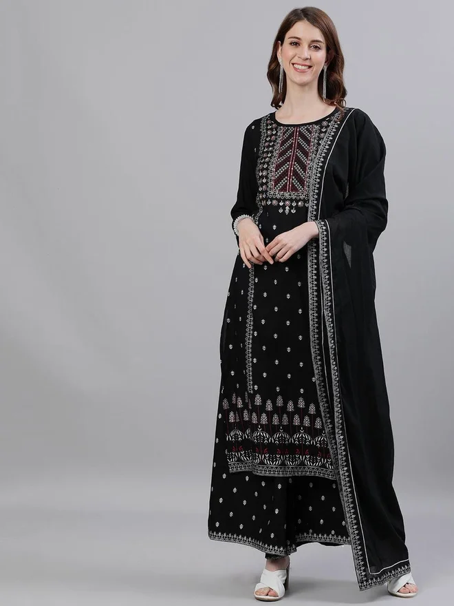 ISHIN ISHIN Black Embroidered Kurta with Palazzos and Dupatta Set