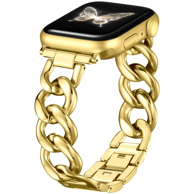 DaQin Gold Band Compatible with Apple Watch Bands for Women 40mm 38mm 41mm 42mm, Metal Chain Link Steel Replacement Accessories Bracelet for iWatch Bands Series 11 10 9 8 7 6 5 4 3 2 1 SE, Gold - Image 1
