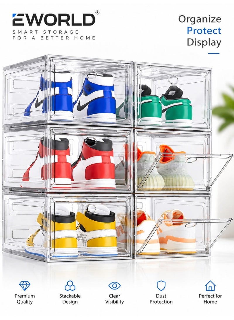 Eworld 6 Pack Clear Stackable Shoe Storage Boxes with Magnetic Front Door, Transparent Plastic Shoe Organizer Bins, Foldable Sneaker Storage Containers, Space Saving Shoe Box Organizer for Closet, Wardrobe & Entryway - Image 1