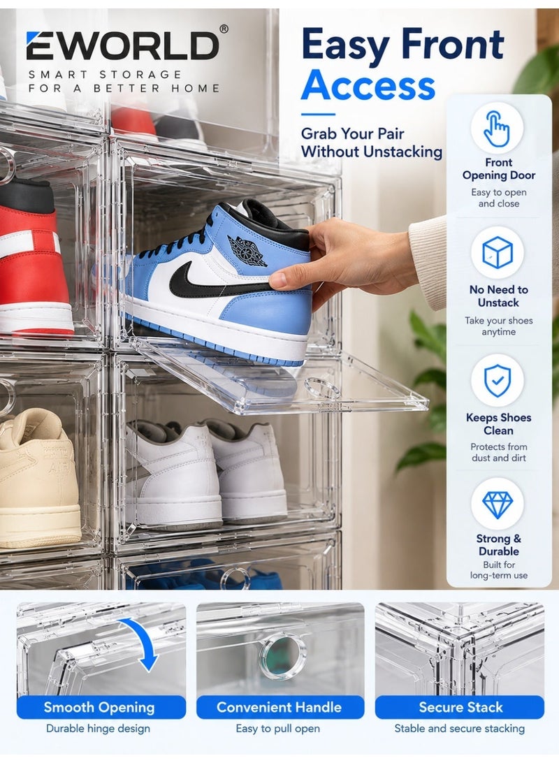 Eworld 6 Pack Clear Stackable Shoe Storage Boxes with Magnetic Front Door, Transparent Plastic Shoe Organizer Bins, Foldable Sneaker Storage Containers, Space Saving Shoe Box Organizer for Closet, Wardrobe & Entryway - Image 3