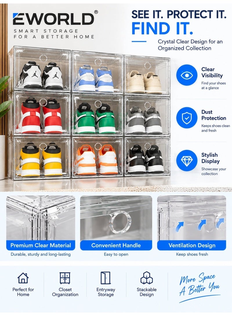 Eworld 6 Pack Clear Stackable Shoe Storage Boxes with Magnetic Front Door, Transparent Plastic Shoe Organizer Bins, Foldable Sneaker Storage Containers, Space Saving Shoe Box Organizer for Closet, Wardrobe & Entryway - Image 4