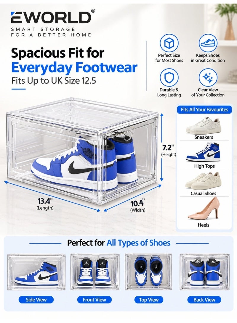Eworld 6 Pack Clear Stackable Shoe Storage Boxes with Magnetic Front Door, Transparent Plastic Shoe Organizer Bins, Foldable Sneaker Storage Containers, Space Saving Shoe Box Organizer for Closet, Wardrobe & Entryway - Image 5