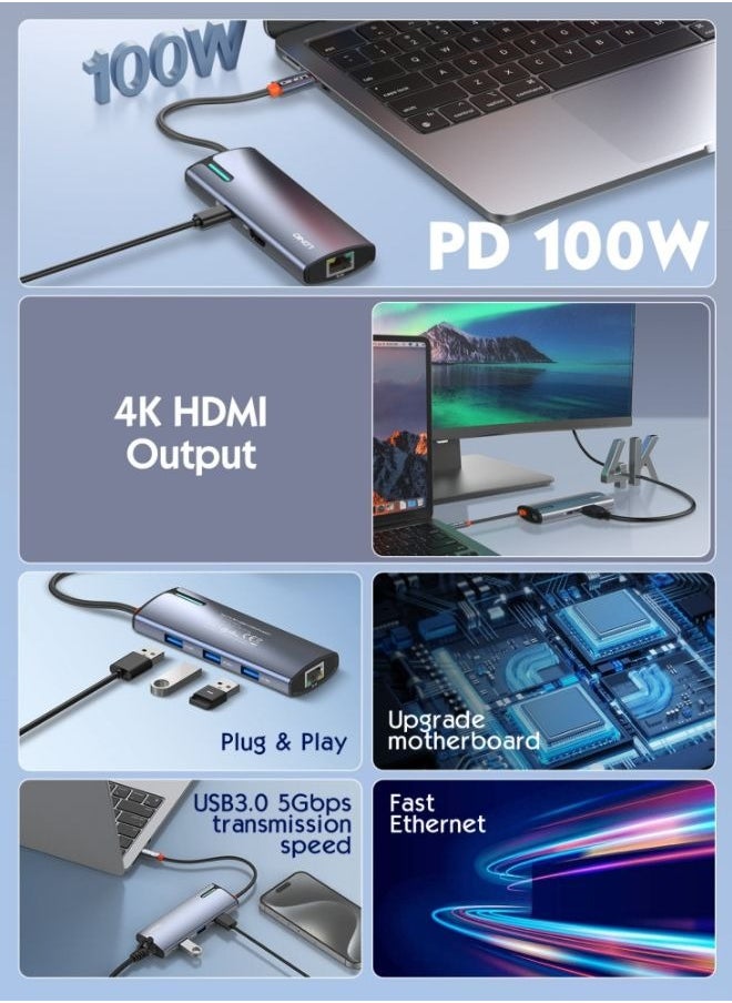 LDNIO 6‑in‑1 USB‑C Docking Station – 100 W PD Fast Charging, 4K HDMI Output, RJ45 Gigabit Ethernet, 3× USB 3.0 Ports, Compact Type‑C Hub for Laptop, MacBook, Tablet  - Image 4