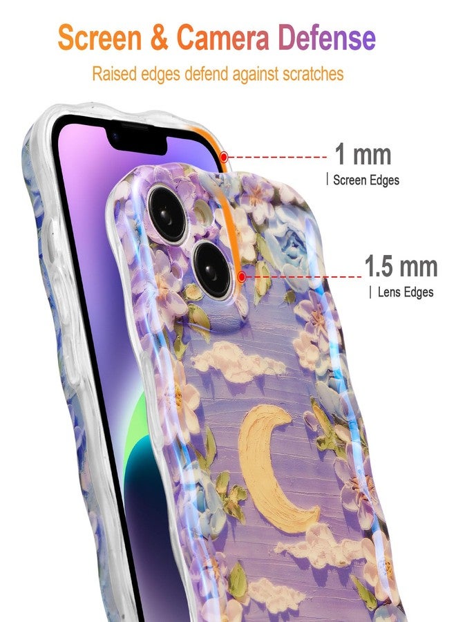 EYZUTAK Case for iPhone 14 Plus/iPhone 15 Plus, Colorful Retro Oil Painting Flower Laser Cute Curly Wave Edge Exquisite Phone Cover Stylish Durable TPU Protective Case for Girls Women - Purple White - Image 4