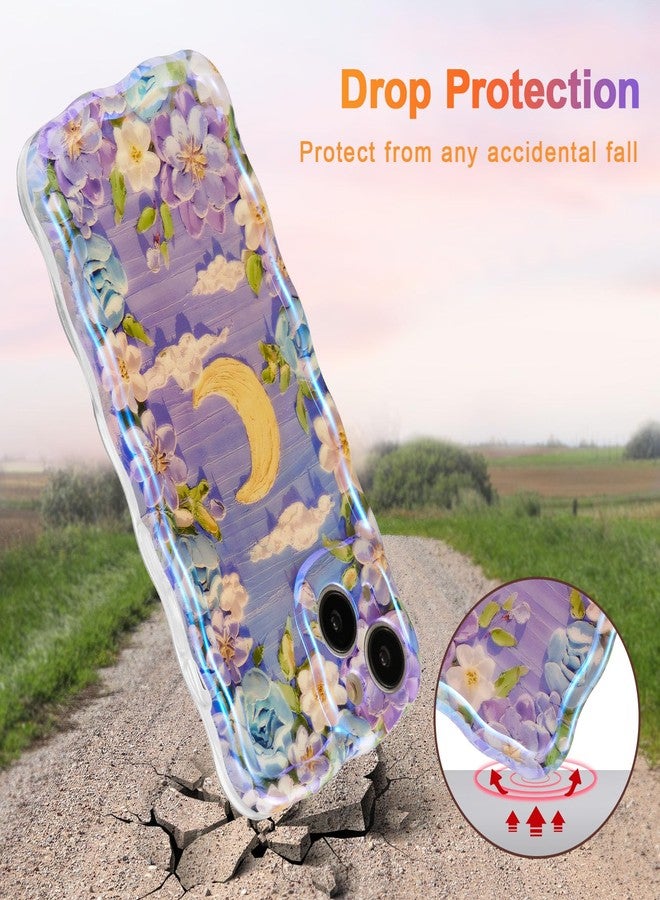 EYZUTAK Case for iPhone 14 Plus/iPhone 15 Plus, Colorful Retro Oil Painting Flower Laser Cute Curly Wave Edge Exquisite Phone Cover Stylish Durable TPU Protective Case for Girls Women - Purple White - Image 3