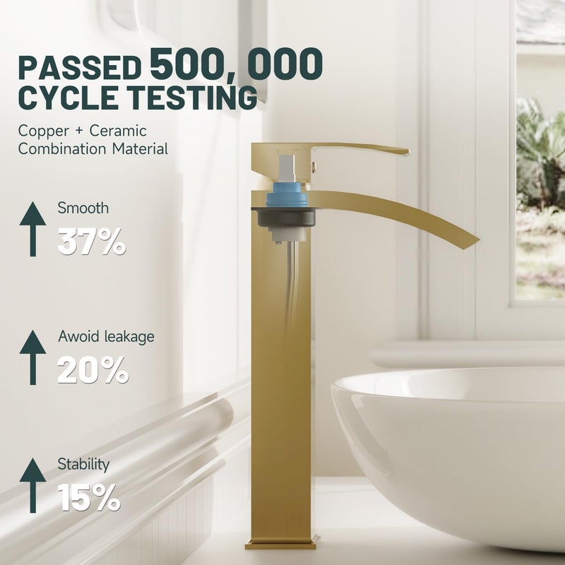 Green Spring Brushed Gold Vessel Sink Faucet, Greenspring Waterfall Bathroom Faucets, Tall Spout Single Handle Single Hole Bathroom Faucets with Pop Up Drain and Without Overflow Basin Faucet Supply Line - Image 5