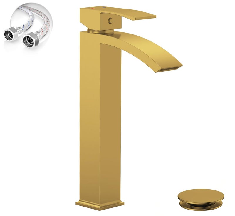 Green Spring Brushed Gold Vessel Sink Faucet, Greenspring Waterfall Bathroom Faucets, Tall Spout Single Handle Single Hole Bathroom Faucets with Pop Up Drain and Without Overflow Basin Faucet Supply Line - Image 1