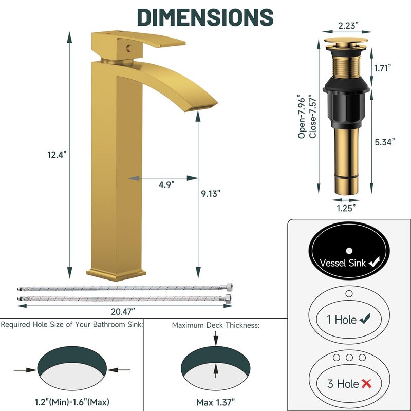 Green Spring Brushed Gold Vessel Sink Faucet, Greenspring Waterfall Bathroom Faucets, Tall Spout Single Handle Single Hole Bathroom Faucets with Pop Up Drain and Without Overflow Basin Faucet Supply Line - Image 2