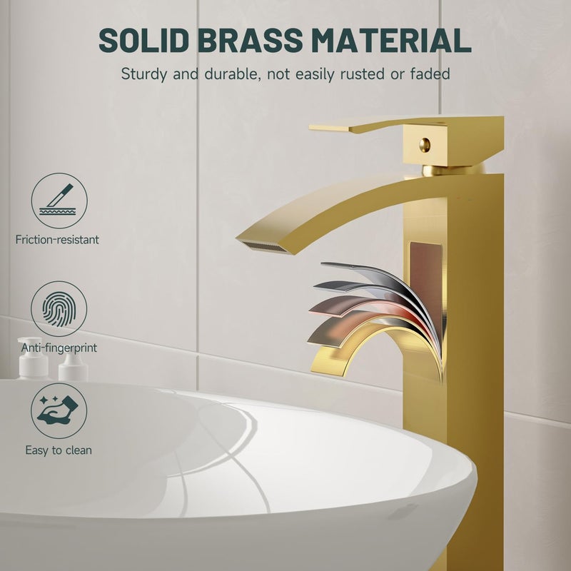 Green Spring Brushed Gold Vessel Sink Faucet, Greenspring Waterfall Bathroom Faucets, Tall Spout Single Handle Single Hole Bathroom Faucets with Pop Up Drain and Without Overflow Basin Faucet Supply Line - Image 4