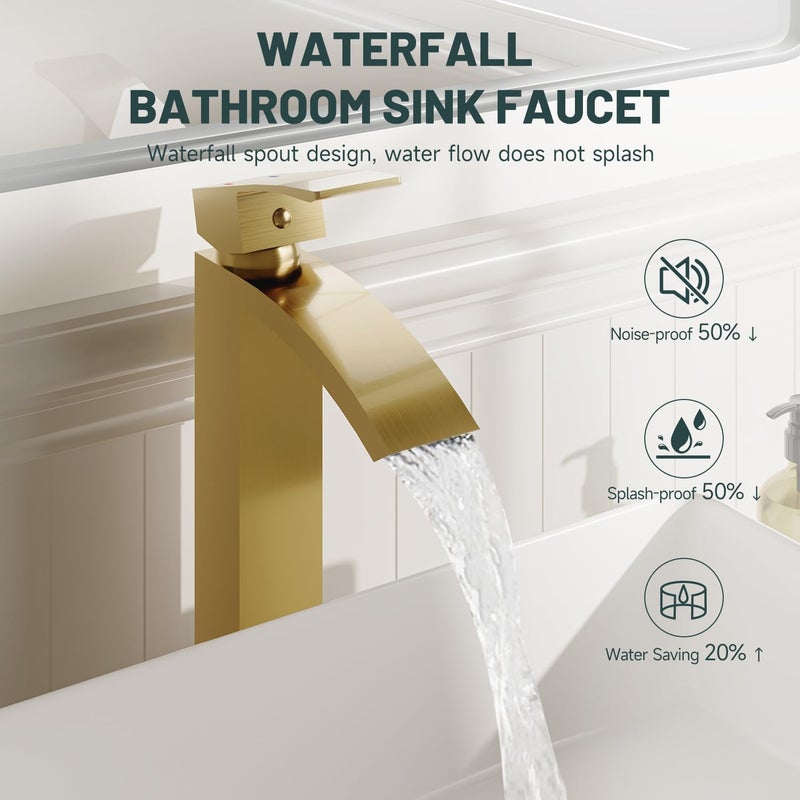 Green Spring Brushed Gold Vessel Sink Faucet, Greenspring Waterfall Bathroom Faucets, Tall Spout Single Handle Single Hole Bathroom Faucets with Pop Up Drain and Without Overflow Basin Faucet Supply Line - Image 3
