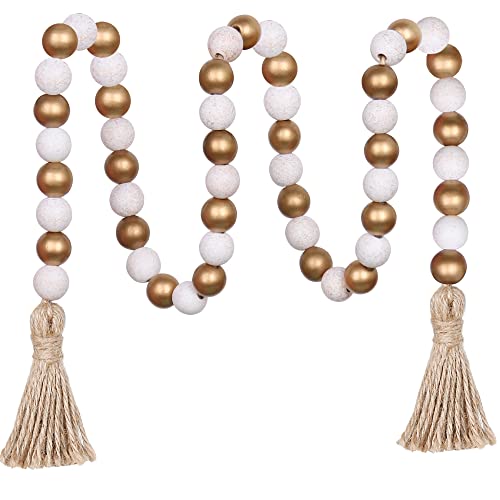 Meplait Wood Bead Garland,39in Farmhouse Beads with Tassels Boho Beads for Tiered Tray Decorative Beads Home Decor（Gold & Wash White） - Image 1