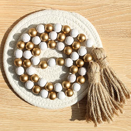 Meplait Wood Bead Garland,39in Farmhouse Beads with Tassels Boho Beads for Tiered Tray Decorative Beads Home Decor（Gold & Wash White） - Image 4