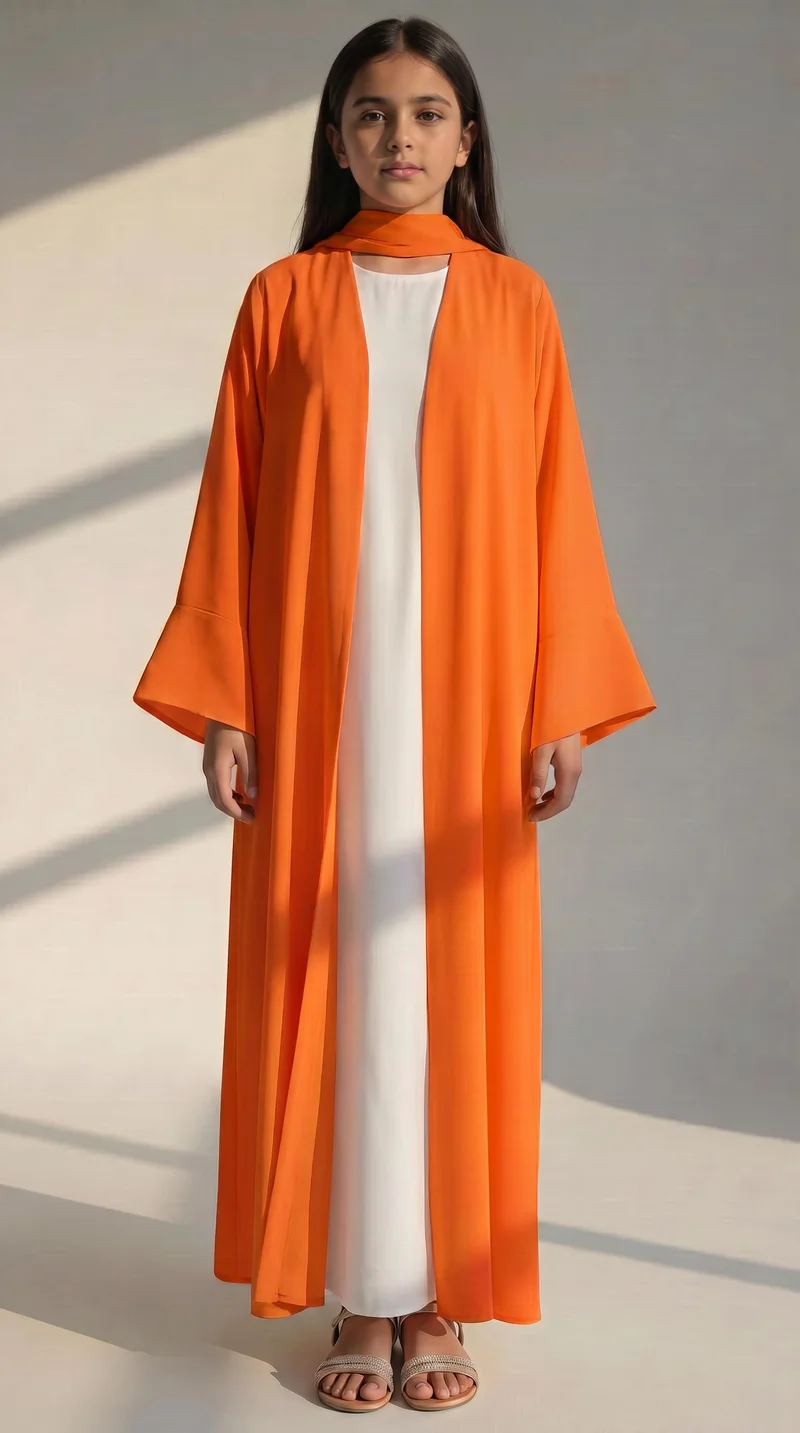 MSquare Fashion Kids Orange Korean Nida Abaya with White Inner Dress & Matching Scarf