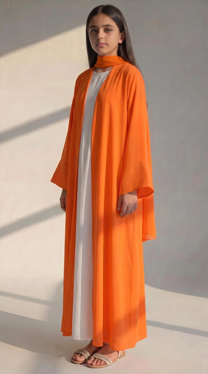 MSquare Fashion Kids Orange Korean Nida Abaya with White Inner Dress & Matching Scarf