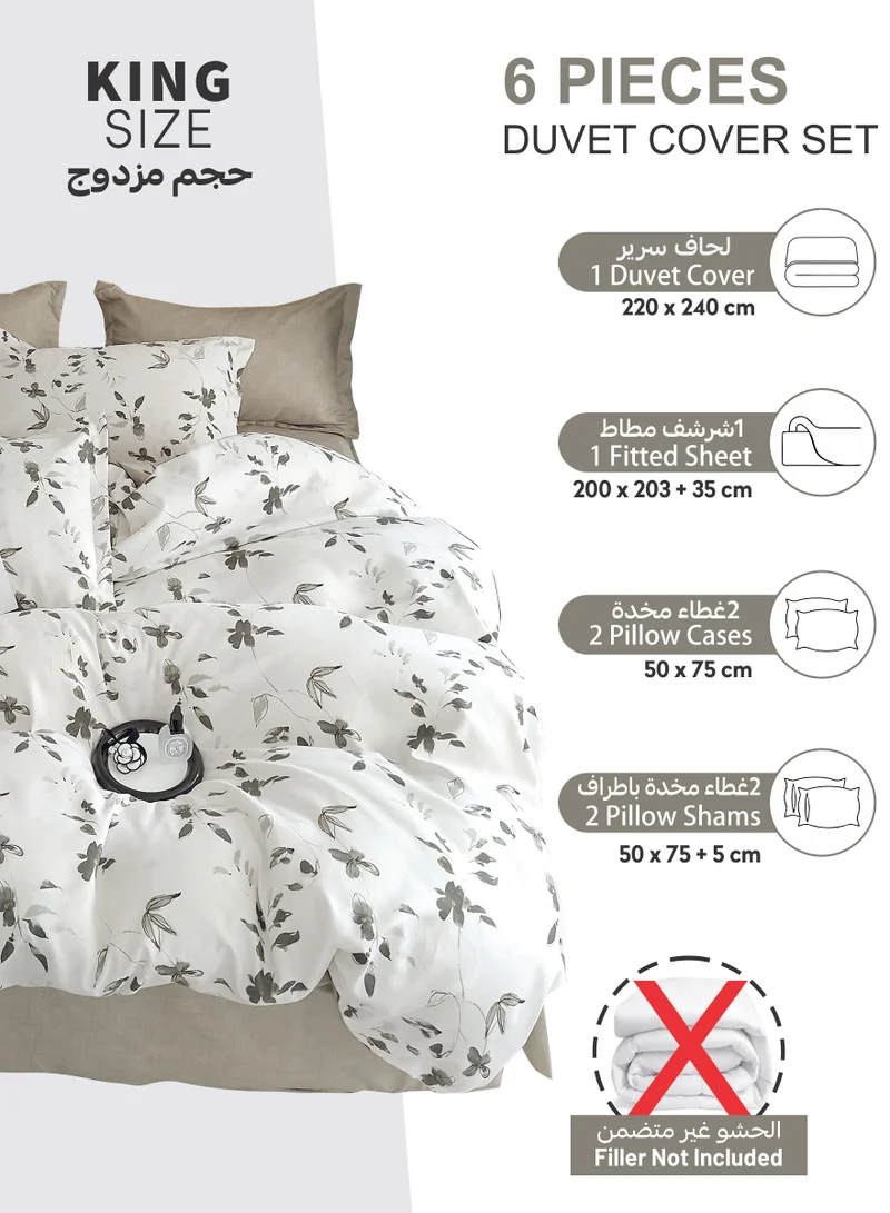 Donetella Printed Duvet Set, King Size 220x240 cm - 6-Pcs Bed Set, Microfiber Fabric - 1 Duvet Cover, 1 Fitted Sheet, 2 Pillow Shams, 2 Pillowcases (Filler Not Included)