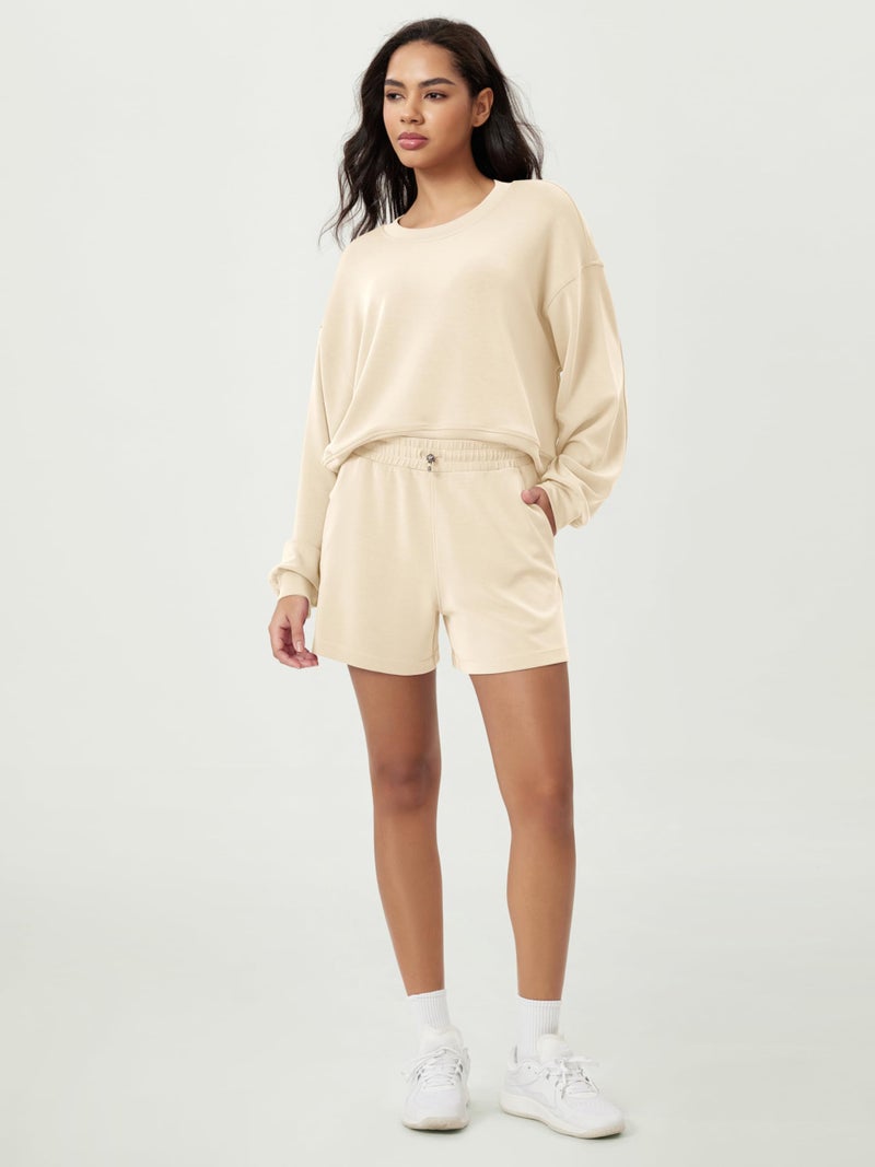 ODODOS Modal Soft Relaxed Shorts for Women Adjustable Shockcord High Waist Casual Shorts with Pockets - 4" Inseam, Butter Cream, Large - Image 3
