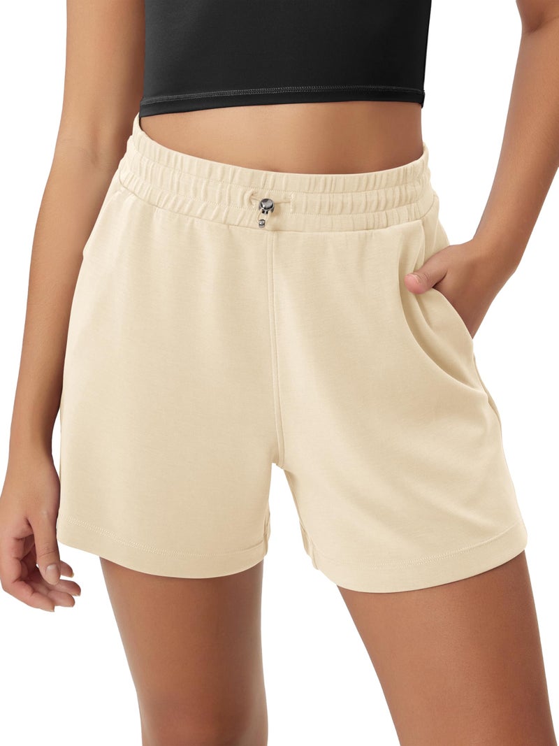 ODODOS Modal Soft Relaxed Shorts for Women Adjustable Shockcord High Waist Casual Shorts with Pockets - 4" Inseam, Butter Cream, Large - Image 1