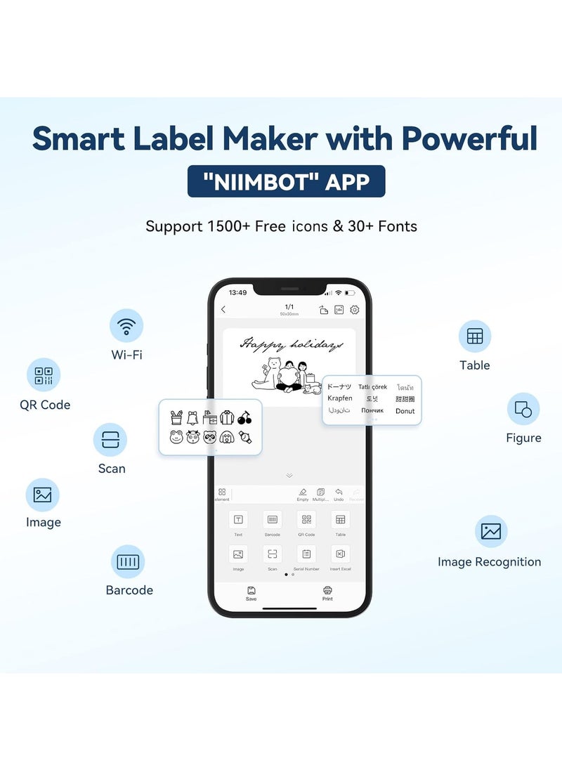 NIIMBOT - B1 Label Maker with Auto Identification, Thermal Label Printer with 1 Roll 50mm*30mm White Tape, Portable Bluetooth Label Maker with  20-50mm Print Width, USB Rechargeable, Easy to Use for Office, Home, Business, Space Blue - Image 1