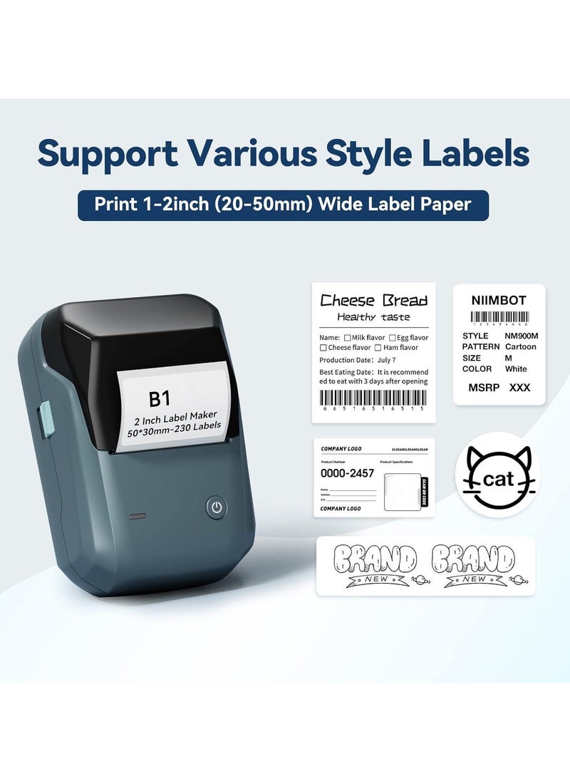 NIIMBOT - B1 Label Maker with Auto Identification, Thermal Label Printer with 1 Roll 50mm*30mm White Tape, Portable Bluetooth Label Maker with  20-50mm Print Width, USB Rechargeable, Easy to Use for Office, Home, Business, Space Blue - Image 1
