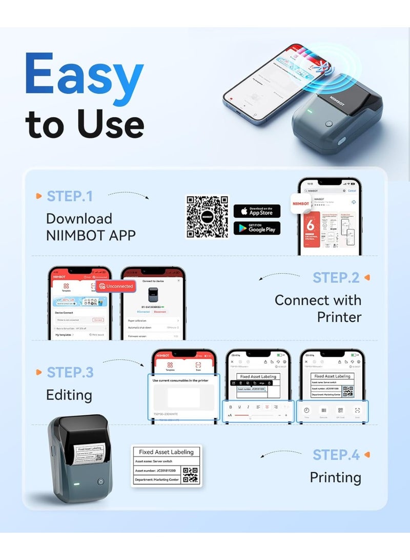 نيمبوت طابعة ملصقات حرارية B1 مع شريط أبيض مقاس 50 مم × 30 مم، صانع ملصقات بلوتوث محمول بعرض طباعة 20-50 مم، قابل لإعادة الشحن عبر USB، طابعة ملصقات حرارية سهلة الاستخدام للعمل والمكتب والفصول الدراسية والمطبخ والمنزل والتعلم والأعمال - Image 4