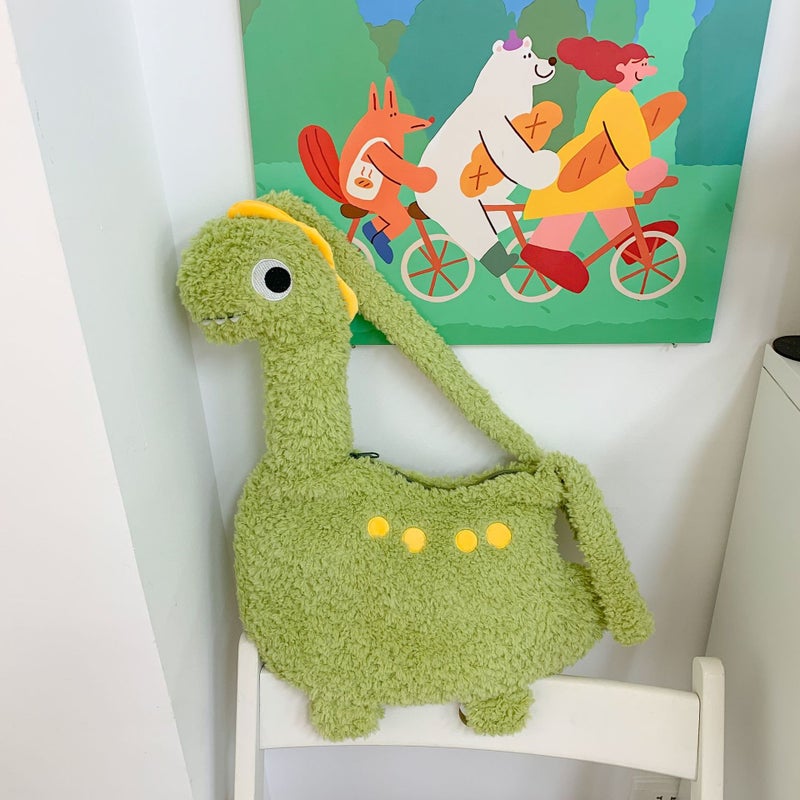 Cute Cartoon Green Dinosaur Plush Shoulder Bag for Women - Image 4