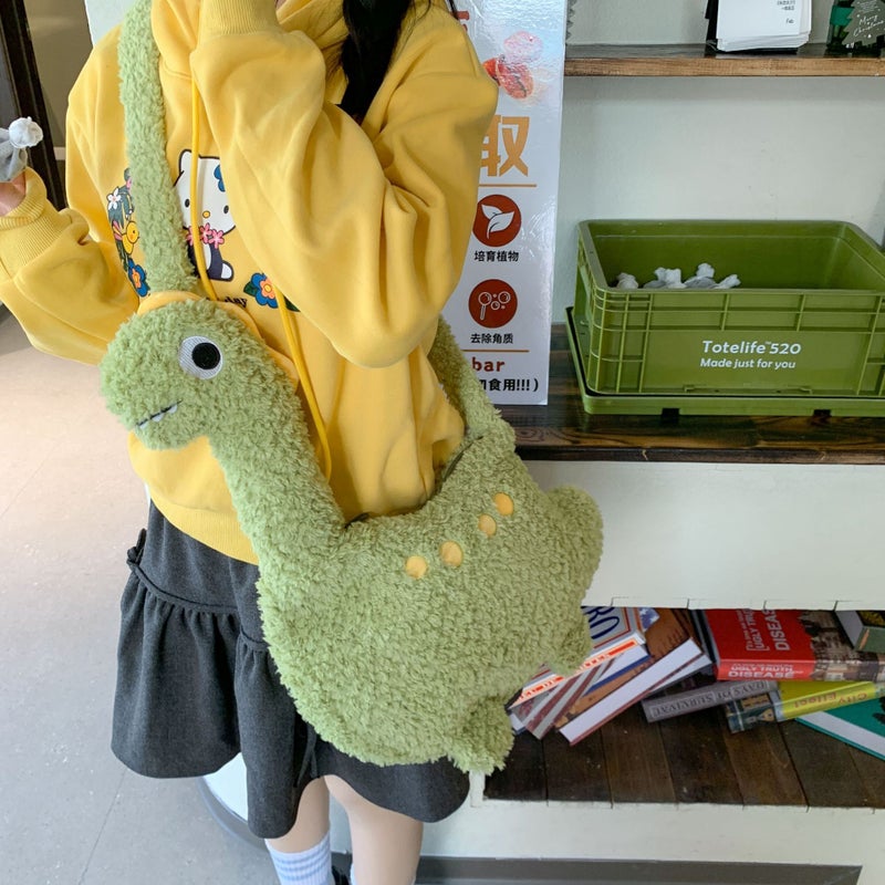 Cute Cartoon Green Dinosaur Plush Shoulder Bag for Women - Image 1