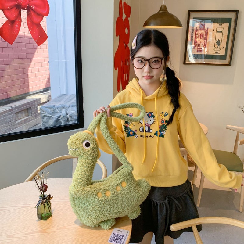 Cute Cartoon Green Dinosaur Plush Shoulder Bag for Women - Image 3