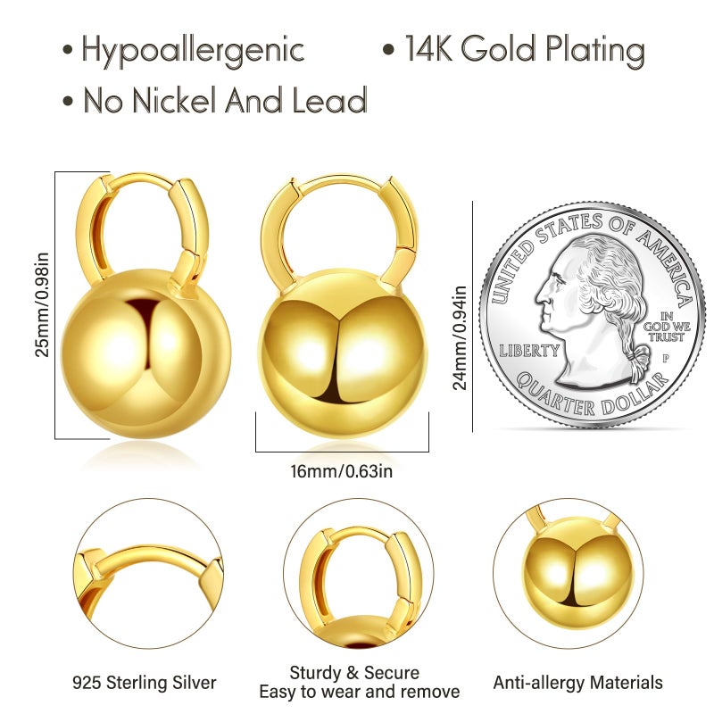 KesaPlan 14k Gold Plated Ball Dangle Earrings for Women Sterling Silver Ball Drop Earrings Hypoallergenic Round Hoop Earring Leverback Lightweight Earrings Fashion Jewelry - Image 5