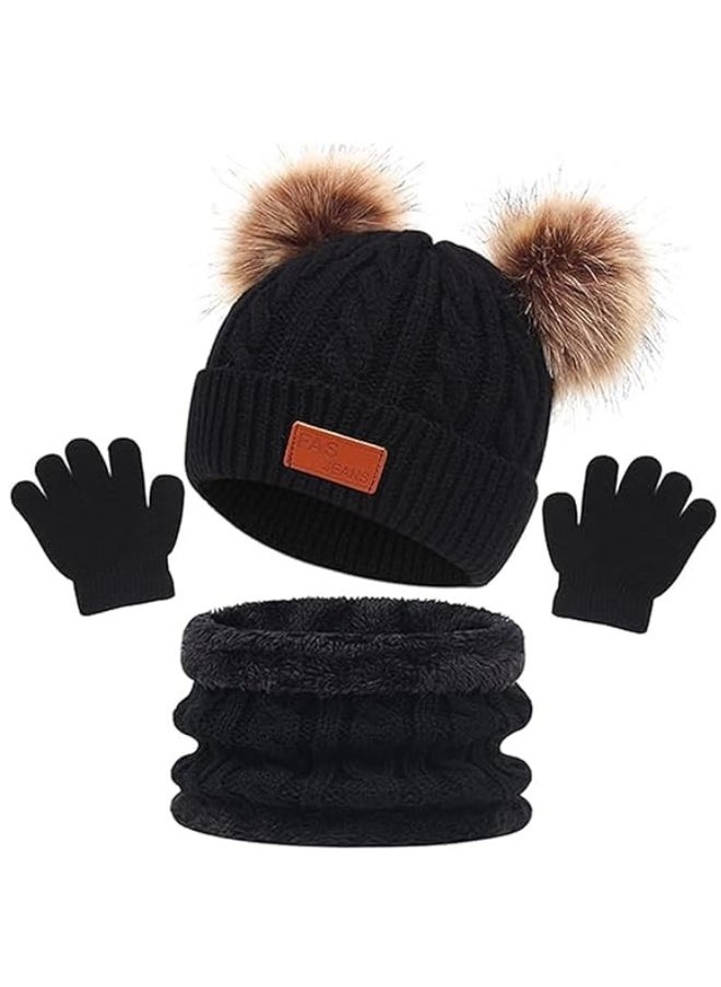 RATSAW 3-Piece Stylish Winter Thick Hat Kids Winter Hat Gloves Scarf Set, Boy Girls Toddler Children Hats Beanie with Pom Knit Neck Warmer Gaiter Mittens Fleece Lined Set for Children 2-6 Years  - Image 1