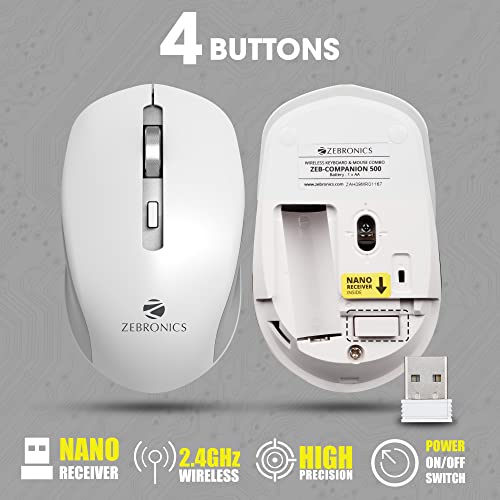 Zebronics Zeb-Companion 500 2.4GHz Wireless Keyboard & Mouse Combo, USB Nano Receiver, Chiclet Keys, Ultra Silent, Power On/Off Switch, Rupee Key, for PC/Mac/Laptop (White) - Image 4