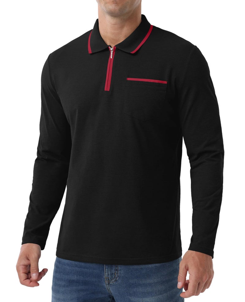 Askdeer Men's Polo Shirts Zip Long Sleeve Classic T-Shirts Casual Golf Shirts Stylish Collared Tee Black - Image 5