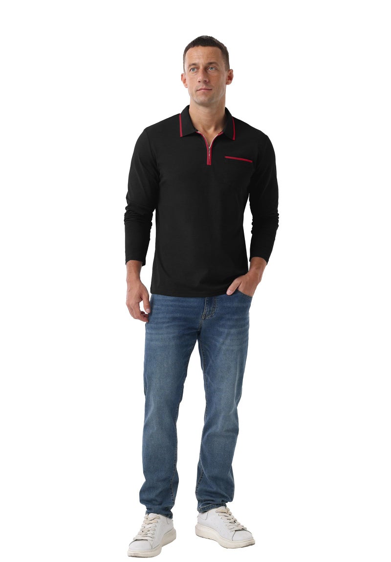Askdeer Men's Polo Shirts Zip Long Sleeve Classic T-Shirts Casual Golf Shirts Stylish Collared Tee Black - Image 4