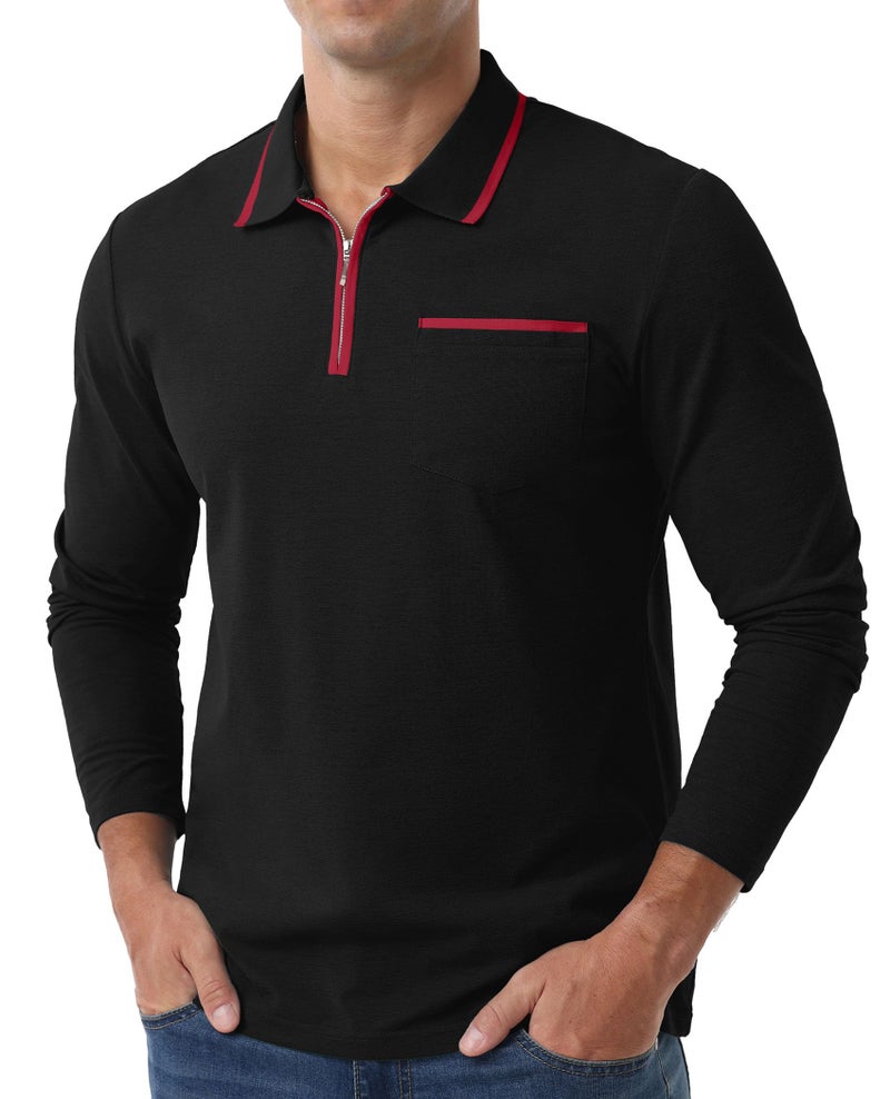 Askdeer Men's Polo Shirts Zip Long Sleeve Classic T-Shirts Casual Golf Shirts Stylish Collared Tee Black - Image 3