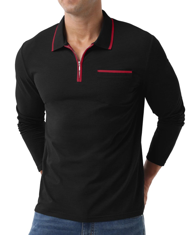 Askdeer Men's Polo Shirts Zip Long Sleeve Classic T-Shirts Casual Golf Shirts Stylish Collared Tee Black - Image 2