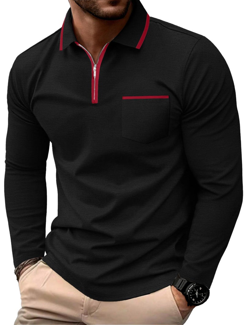 Askdeer Men's Polo Shirts Zip Long Sleeve Classic T-Shirts Casual Golf Shirts Stylish Collared Tee Black - Image 1