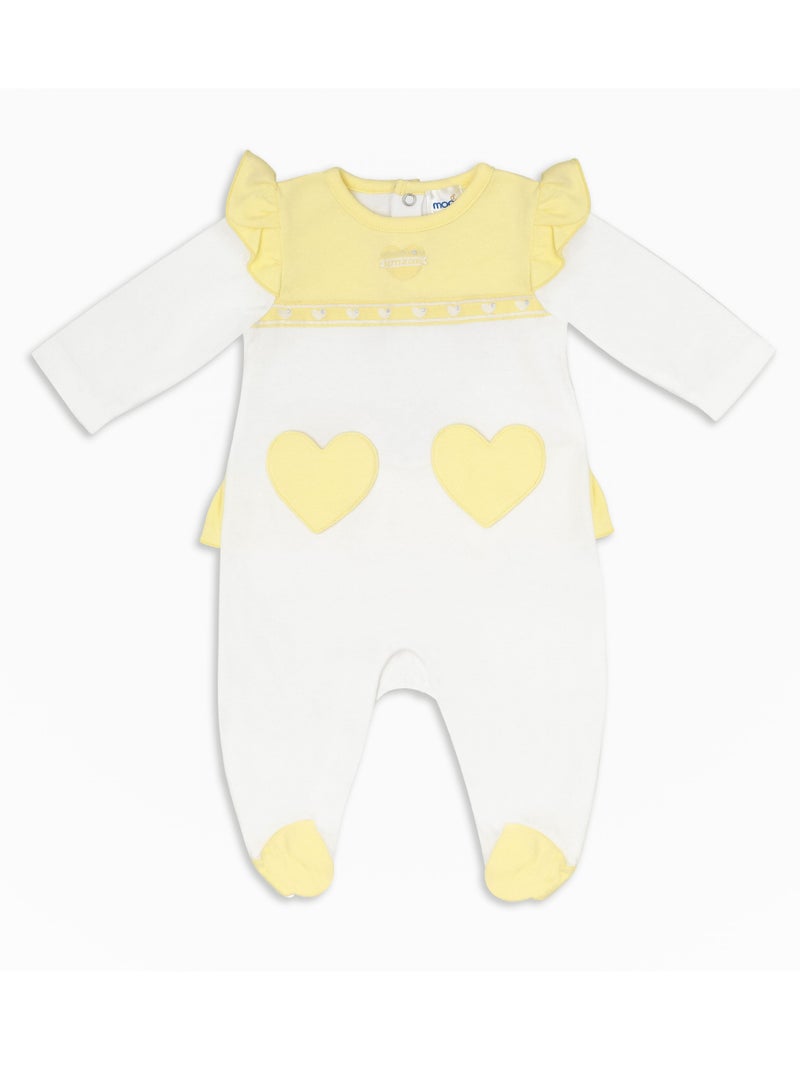 Moon بدلة نوم MOON مصنوعة من القطن بنسبة 100%، مقاس 0-1 شهر، باللونين الأصفر والأبيض - قلوب ليمونية - Image 1