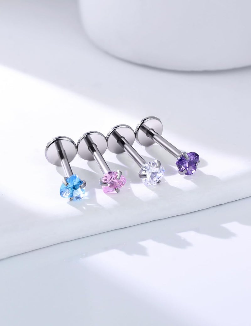 Lsnevsie 20G Threadless Nose Rings Studs Flat Back Earrings Studs Surgical Stainless Steel Opal Heart CZ Nose Rings Stud Tragus Helix Conch Cartilage Earrings Piercing Jewelry For Women Men 7MM Bar - Image 4