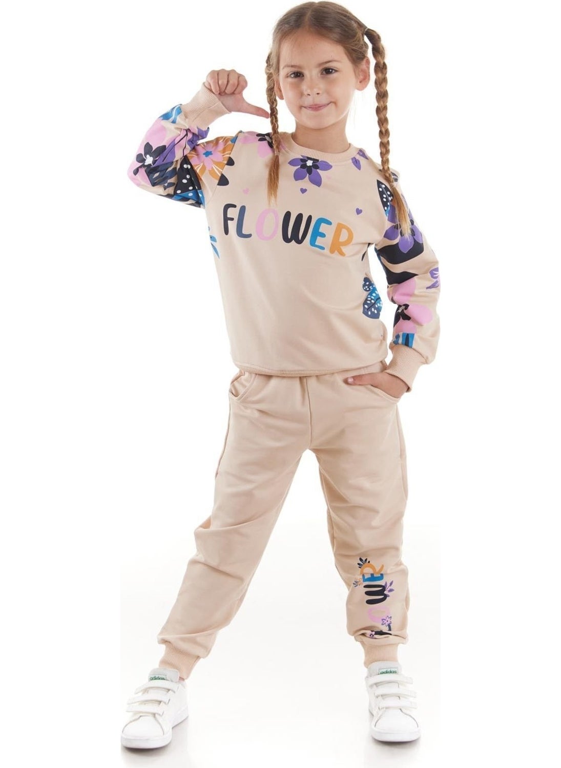 Ahengim - Girls Tracksuit Flower Printed Bottom Top Two Piece Set Cotton Seasonal AK2505 - Image 1
