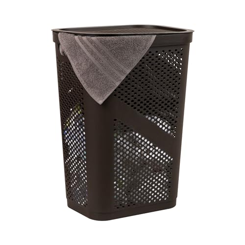 Mind Reader Slim Laundry Hamper with Lid, 60L Clothes Basket, Ventilated Plastic, Brown - Image 1