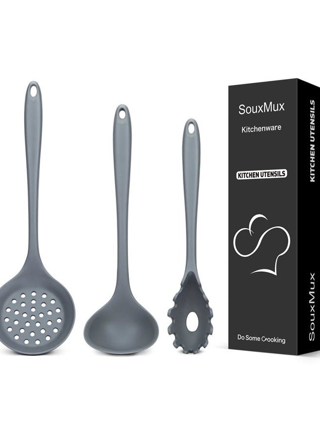SouxMux 3 Pcs Silicone Kitchen Utensils Set, Soup Ladle-Pasta Fork-Slottede Spoon, Nonstick BPA Free High Heat Resistant Cooking Utensils for Mixing, Serving, Draining, Turning, Stirring - Image 1