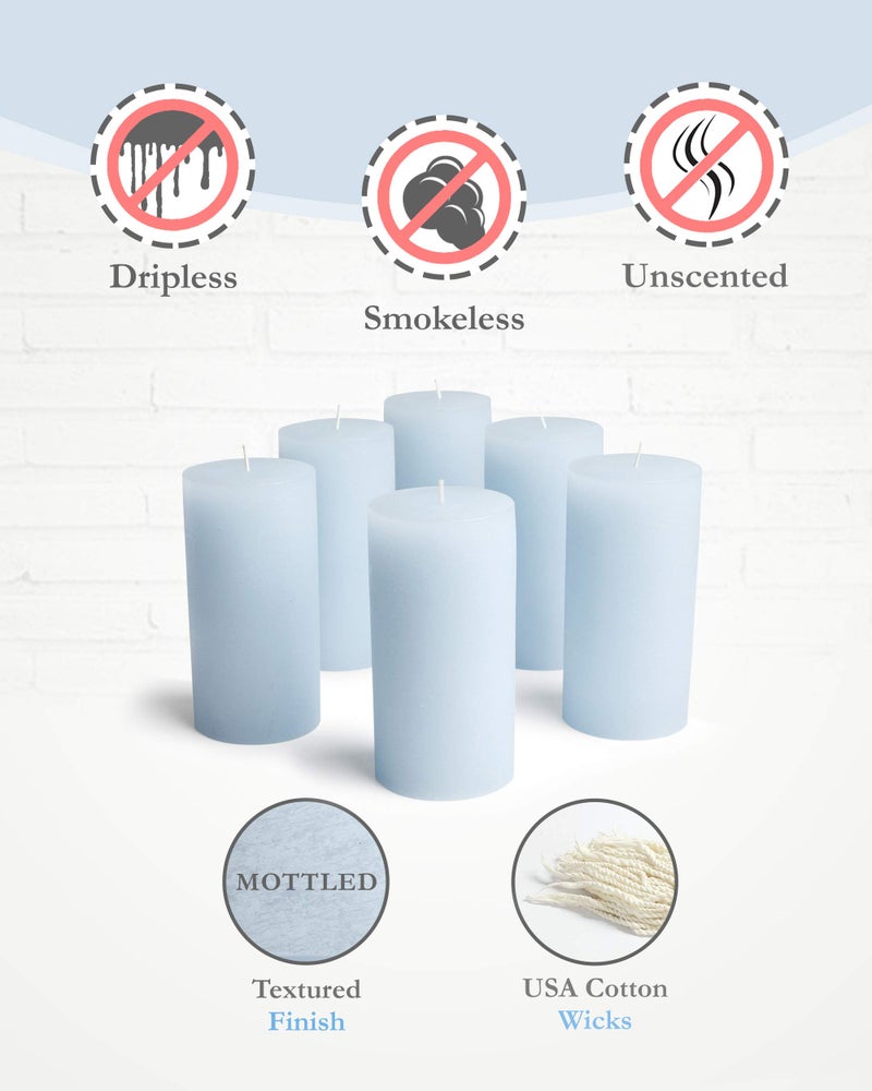bask Mottled Pillar Candles by Bask - Set of 6-3" x 6" Dripless Unscented Candles in Light Blue for Home Decor, Relaxation & All Occasions - Image 3